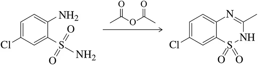 Chemical reaction diagram illustrating the final step in diazoxide synthesis, featuring nitrogenous nucleophiles.