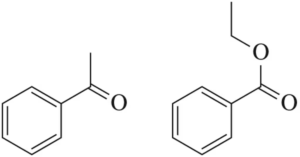 Chemical structures of a ketone and an ester, illustrating their reactivity with strong nucleophiles.
