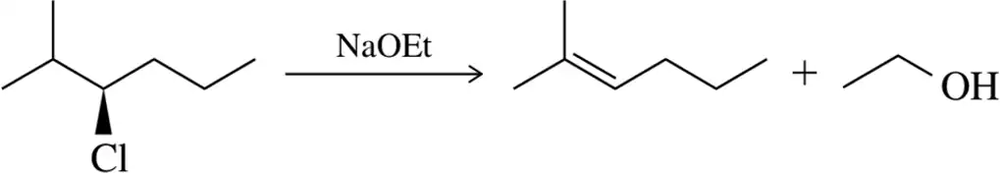 Chemical structure illustrating an elimination reaction with a chlorine atom and sodium ethoxide, producing an alkene and alcohol.