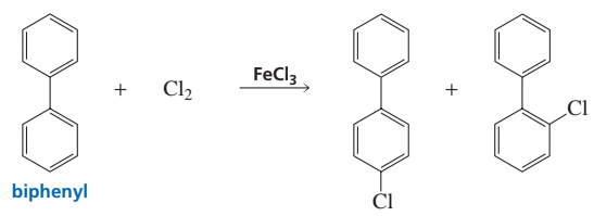 Biphenyl reacts with chlorine in the presence of iron(III) chloride, yielding chlorinated biphenyl products.