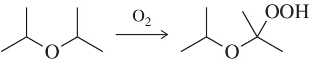 Chemical reaction showing ether forming hydroperoxide with O2.