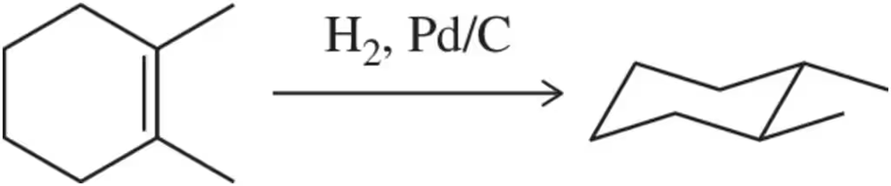 Chemical reaction diagram showing hydrogenation of 1,2-dimethylcyclohexene to trans-1,2-dimethylcyclohexane, which is not possible.