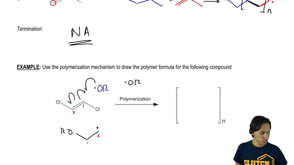 Use the polymerization mechanism to draw the polymer formula for the following compound.