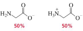 Chemical structures of glycine showing zwitterionic and anionic forms, each labeled with 50% representation.