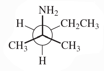 Newman projection of a molecule showing substituents: NH2, CH2CH3, CH3, and H in a staggered conformation.