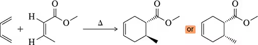 Diels-Alder reaction showing reactants forming a six-membered ring with two possible stereoisomeric products.