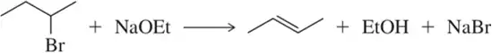 Chemical reaction showing the conversion of a brominated compound with sodium ethoxide to form an alkene, ethanol, and sodium bromide.