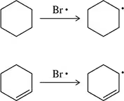 Two pairs of hexagonal chemical structures showing radical reactions with bromine, indicating reaction pathways and products.