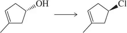 Cyclopentanol with wedge OH converts to cyclopentyl chloride with wedge Cl, indicating stereochemical inversion.