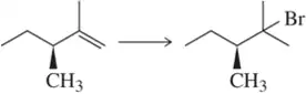 Chemical reaction showing alkene converting to alkyl bromide with Br added to less substituted carbon.