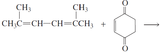 Chemical reaction diagram showing reactants and products of a Diels-Alder reaction with structural formulas.