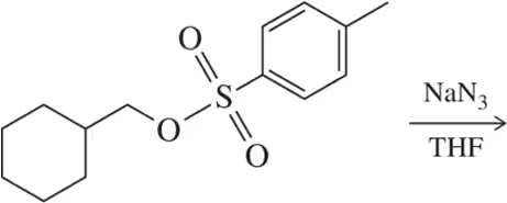 Chemical structure showing a sulfonate with a phenyl group, indicating a reaction with sodium azide in THF.