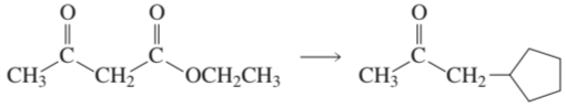 Synthesis reaction showing acetoacetic ester converting to a cyclohexane derivative with specified reagents.