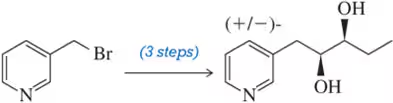 Chemical reaction diagram showing synthesis from a brominated molecule to a hydroxylated product in three steps.