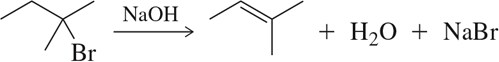 Reaction showing the conversion of a brominated compound to an alkene using sodium hydroxide, producing water and sodium bromide.