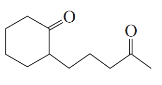 Chemical structure illustrating the product of an intramolecular aldol condensation reaction with a base.