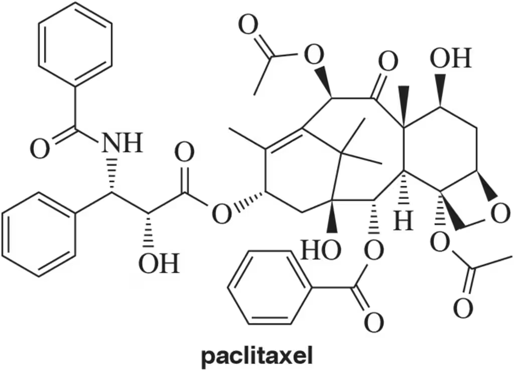 Chemical structure of paclitaxel, a cancer drug derived from the yew tree, highlighting its stereoisomer configuration.