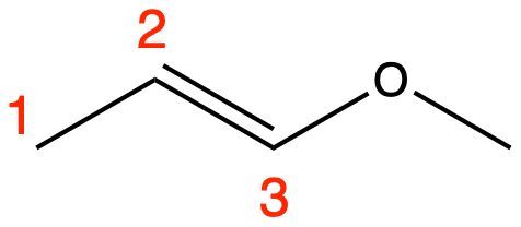 Resonance structure showing lone pair on oxygen and nucleophilic carbons 1, 2, and 3.