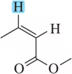 Chemical structure with a blue-highlighted hydrogen on a methyl group adjacent to a carbonyl group.