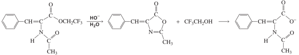 Chemical reaction diagram illustrating the hydrolysis of an ester group with hydroxide ions, showing intermediate products.