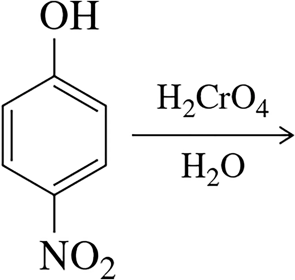 Chemical structure of phenol with hydroxyl and nitro groups, showing oxidation reaction with H2CrO4 to form a quinone.