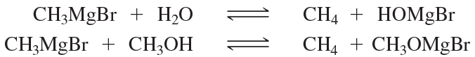Chemical reactions showing equilibrium between reactants and products involving CH3MgBr, water, and alcohol.