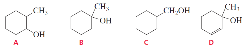 Four chemical structures labeled A, B, C, and D, depicting different alcohols for dehydration reaction analysis.