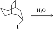 Chemical structure showing a substitution reaction with iodine and water as reactants, indicating product prediction.