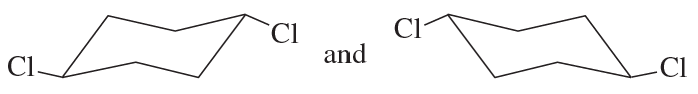 Two chemical structures with chlorine atoms, labeled "and," illustrating isomer relationships.