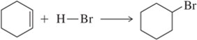 Chemical reaction: cyclohexene reacts with hydrogen bromide to form bromocyclohexane.