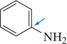 Chemical structure of aniline with a blue arrow pointing to the carbon bonded to the NH2 group.