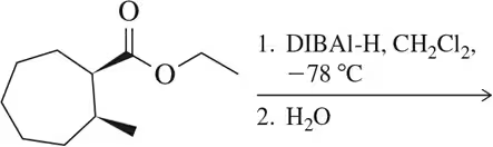 Chemical reaction scheme showing DIBAl-H treatment of an ester, followed by hydrolysis with water.