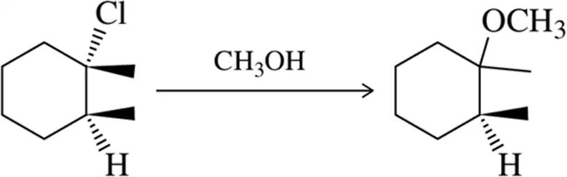 Chemical structure showing a chlorine atom and a hydrogen atom on a cyclohexane ring reacting with methanol to form an ether.