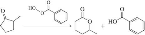 Chemical reaction showing cyclopentanone and benzoic acid forming 2-cyclopentenone and benzoic acid.
