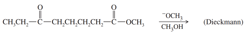 Chemical structure diagram illustrating a Claisen condensation reaction with reactants and products labeled.