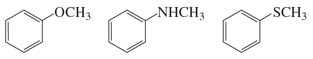 Chemical structures of three aromatic compounds with OCH3, NHCH3, and SCH3 groups, illustrating reactivity in electrophilic substitution.