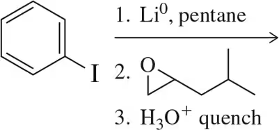 Chemical reaction diagram showing epoxide addition with lithium, oxygen, and hydronium quenching steps.