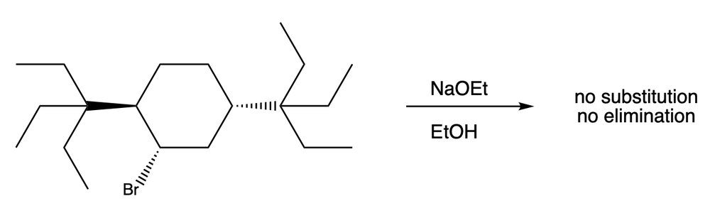 Chemical structure showing no SN2 or E2 reactions with NaOEt in EtOH.