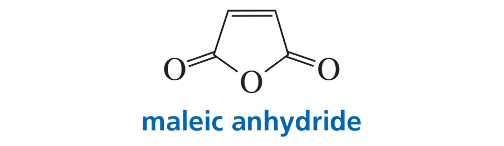 Chemical structure of maleic anhydride with the label "maleic anhydride" in blue text below the diagram.