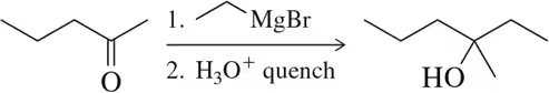 Chemical reaction diagram showing carbonyl compound reacting with MgBr and H2O, producing an alcohol with stereoisomers.