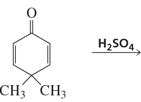 Chemical structure showing a dehydration reaction with a benzene ring, methyl groups, and sulfuric acid as a reagent.