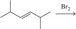 Chemical structure showing an alkene reacting with bromine, indicating the halogenation process.