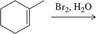 Chemical structure showing a benzene ring with a double bond, reacting with Br2 and water to predict the product.