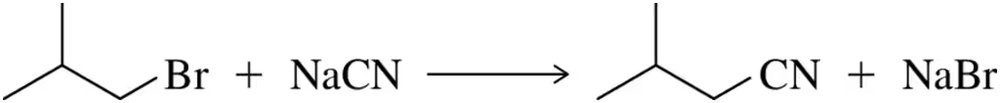Chemical reaction diagram showing the SN2 reaction of a bromide with sodium cyanide, producing a nitrile and sodium bromide.
