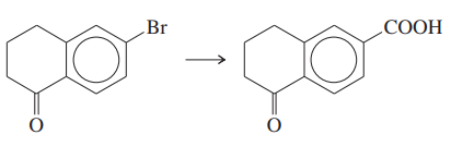 Chemical reaction diagram showing the conversion of a brominated compound to a carboxylic acid.