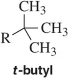 Chemical structure of t-butyl group with three CH3 groups attached to a central carbon, labeled R for the rest of the molecule.