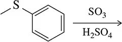 Chemical structure showing a benzene ring with a sulfur substituent and a reaction arrow indicating electrophilic aromatic substitution.