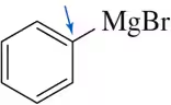 Chemical structure of a benzene ring with a blue arrow pointing to a magnesium bromide (MgBr) group attached.