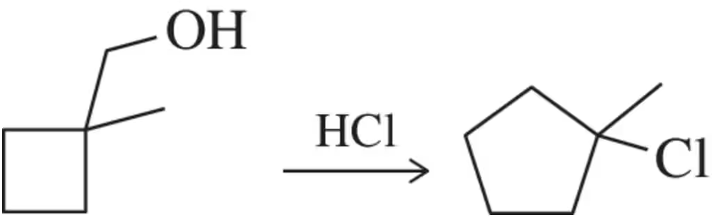 Chemical reaction diagram showing an alcohol converting to a chlorinated compound with an arrow-pushing mechanism.