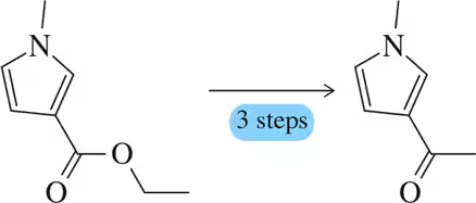 Chemical structures illustrating a transformation from a reactant to a product in three steps using a cuprate reagent.
